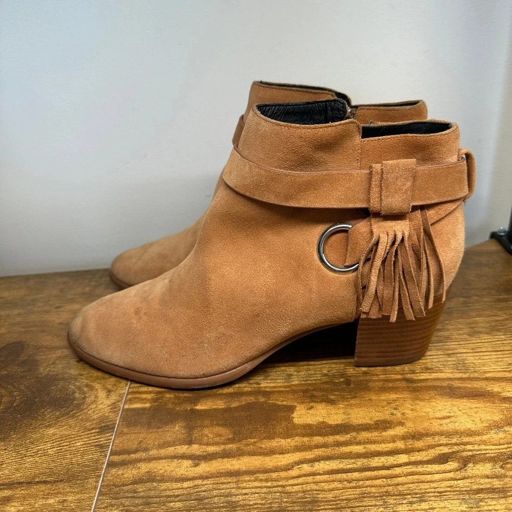 Rebecca‎ Minkoff Womens Tan Suede Fringe Ankle Boots Stacked Heel Size 8.5M